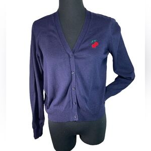 Maritime navy blue button up long sleeve knit cardigan embroidered cherries